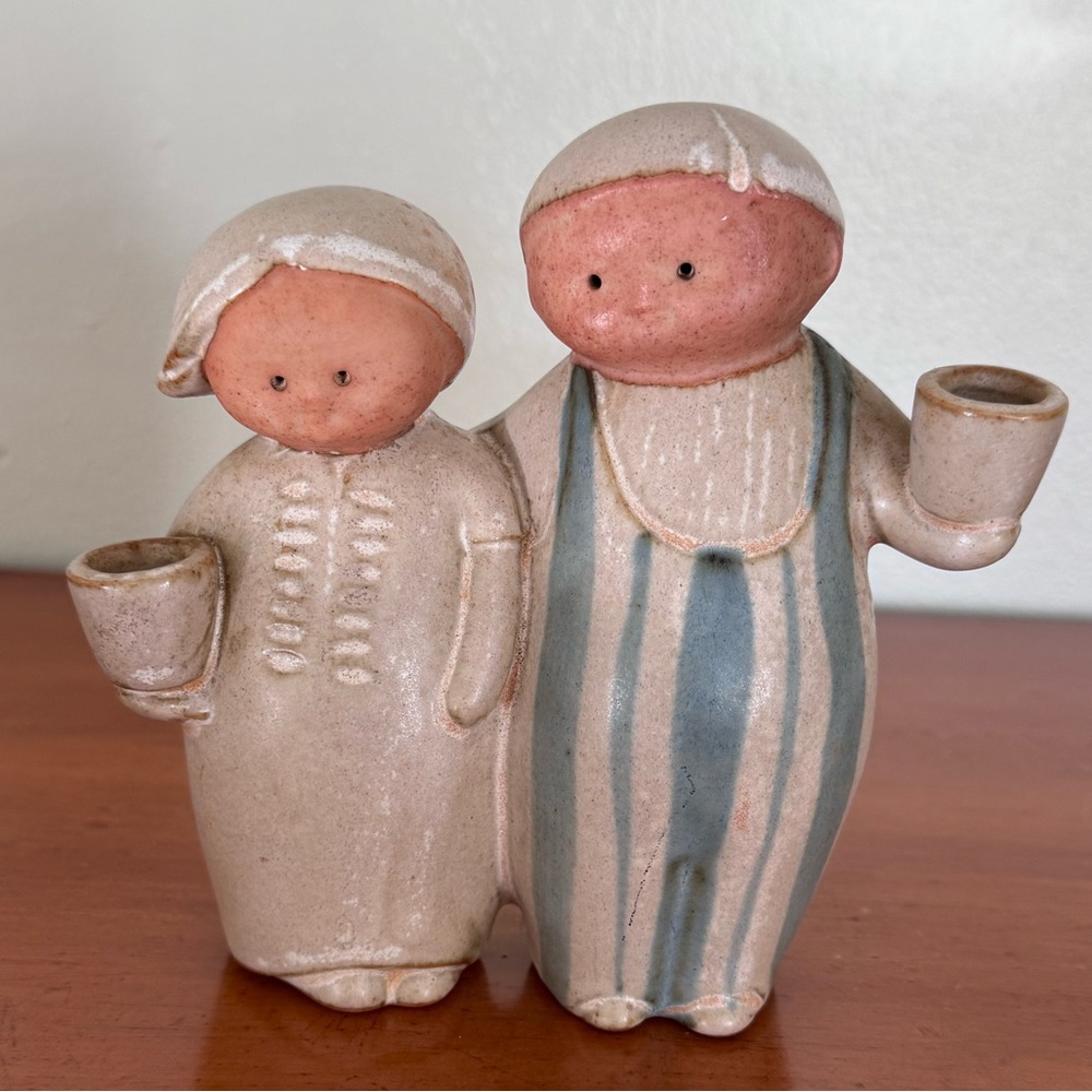 Vintage Japanese stoneware couple candle holders.